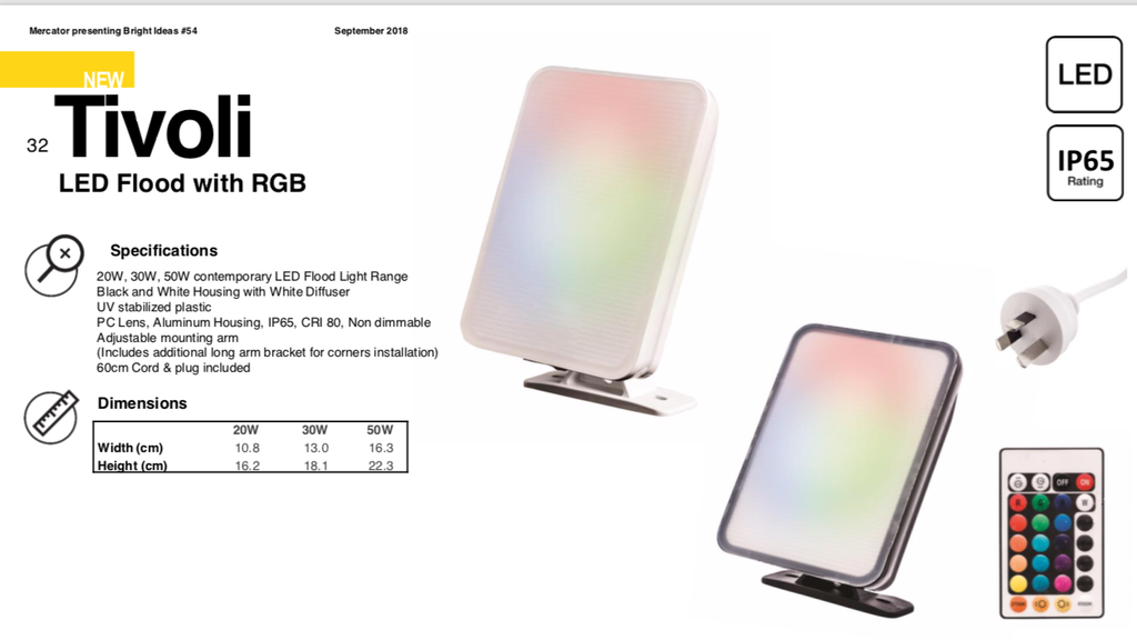 TIVOLI LED FLOOD LIGHT RGB REMOTE CONTROL 20W 30W 50W Black