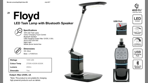 FLOYD 10W  LED DESK LAMP  WITH BLUETOOTH SPEAKER